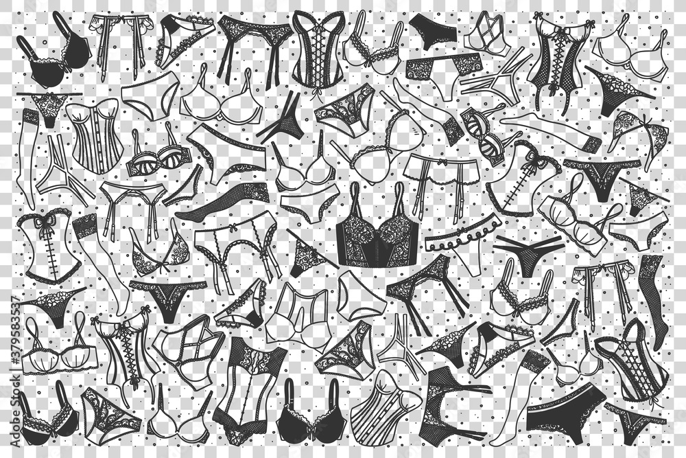 Fototapeta premium Underwear doodle set. Collection of hand drawn sketches templates patterns of male female clothing pants bra lingerie on transparent background. Fashionable casual outfit and shopping illustration.