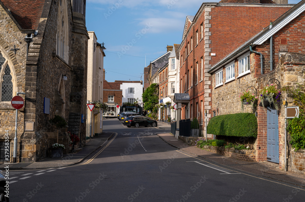 Petworth in West Sussex, England is a traditional English small Town viewed looking towards the center area of Market Street.
