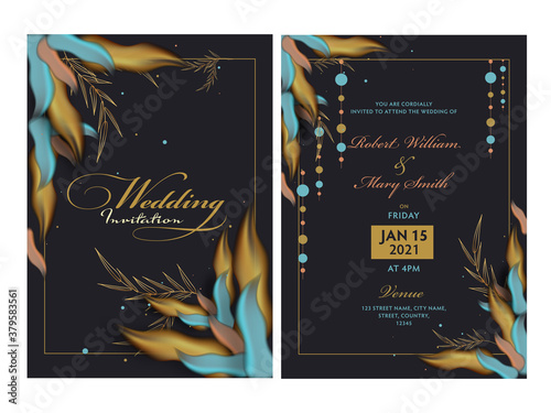 Wedding Invitation Card with Event Details in Front and Back View.