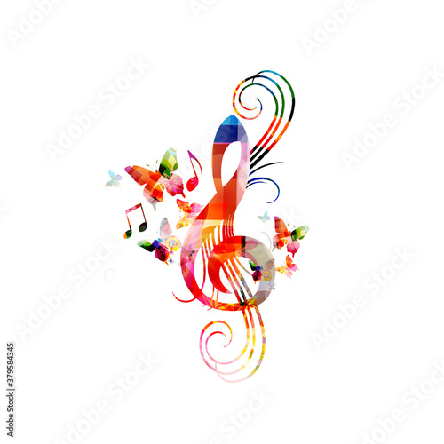 Colorful music promotional poster with G-clef isolated vector illustration. Artistic abstract background with treble clef for live concert events, music festivals and shows, party flyer template