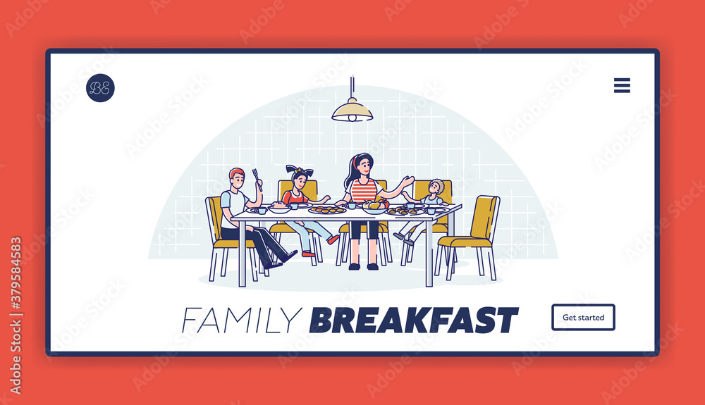 Family breakfast landing page with parents and kids eating in morning together Family breakfast landing page with parents and kids eating in morning together