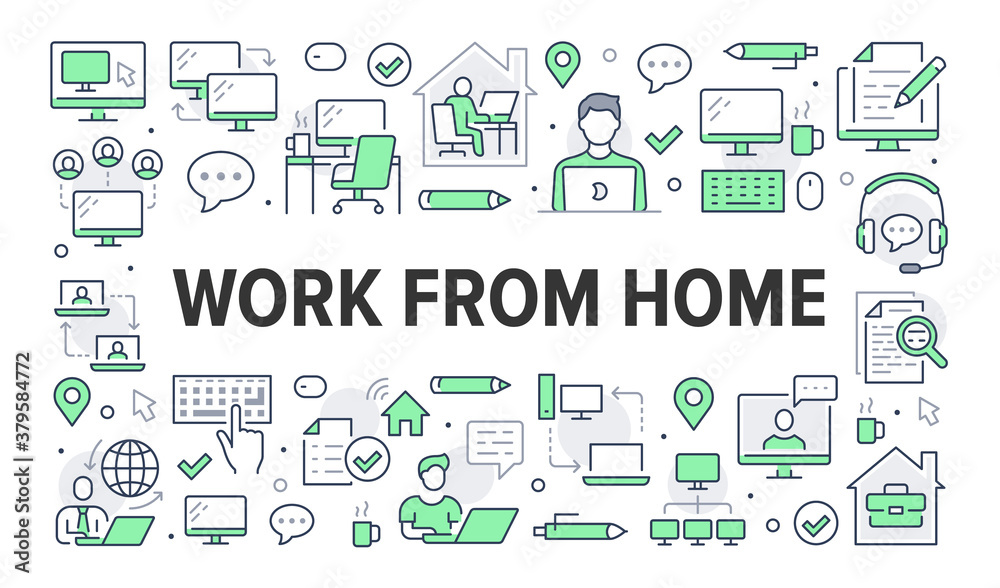 Work from home concept with line icons. Vector horizontal illustration included icon as freelance worker with laptop, workplace, pc monitor, business man green pictogram for remote job brochure