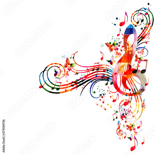 Colorful music promotional poster with music notes isolated vector illustration. Artistic abstract background with music staff for live concert events, music festivals and shows, party flyer template