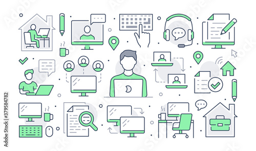 Work from home concept with line icons. Vector horizontal illustration included icon as freelance worker with laptop, workplace, pc monitor, business man green pictogram for remote job brochure