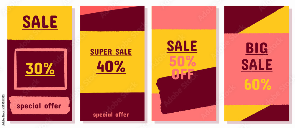 Special offers in burgundy, yellow and pink. Set of social media sale banners and web ad templates. Vector illustrations for websites and mobile banners, newsletter designs, coupons, marketing.