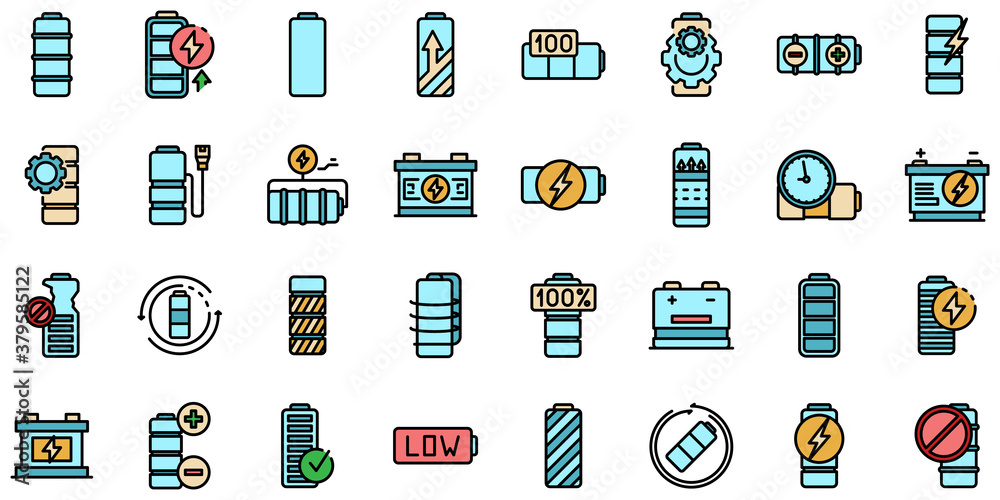 Battery icons set. Outline set of battery vector icons thin line color flat on white Battery icons set. Outline set of battery vector icons thin line color flat on white
