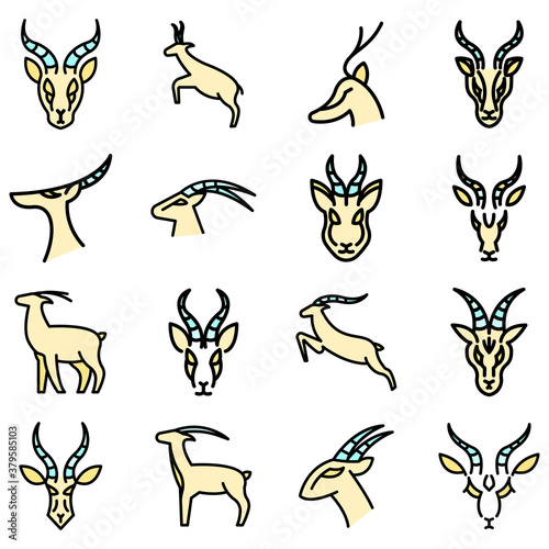 Gazelle icons set. Outline set of gazelle vector icons thin line color flat on white