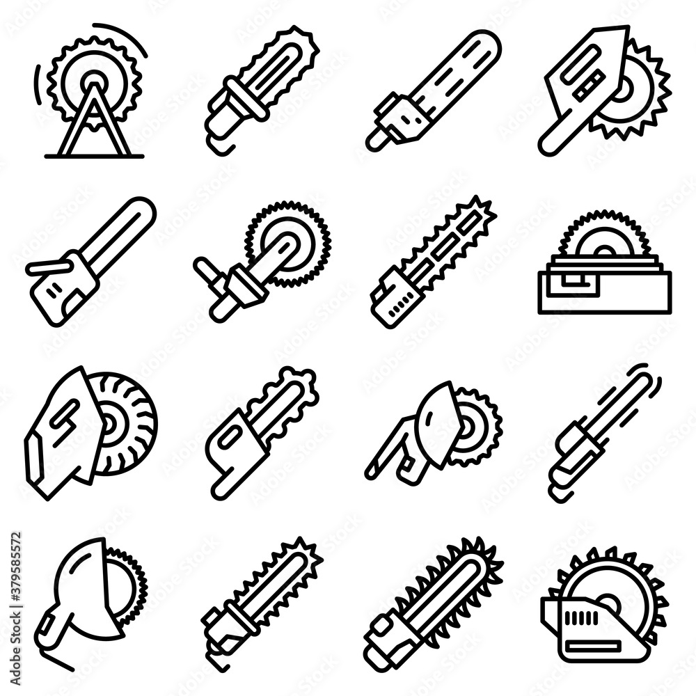 Electric saw icons set. Outline set of electric saw vector icons for web design isolated on white background Electric saw icons set. Outline set of electric saw vector icons for web design isolated on white background