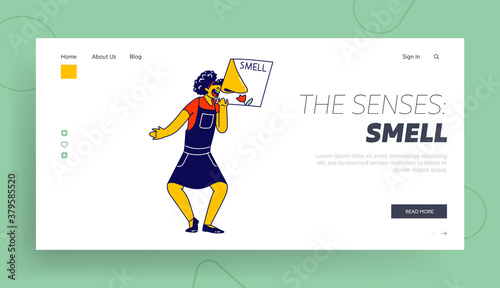 Happy Girl Child Character Holding Card with Smelling Nose Landing Page Template. Smell One of Five Human Perceptions