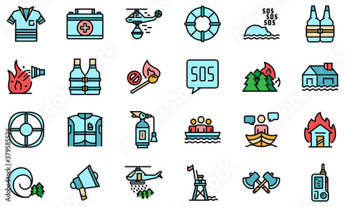 Rescuer icons set. Outline set of rescuer vector icons thin line color flat on white