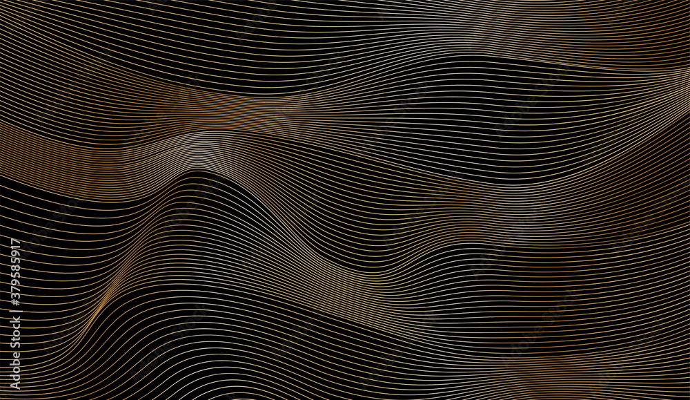 Abstract minimal vector background with wavy golden blend lines. Black backdrop for covers, banners, wallpapers