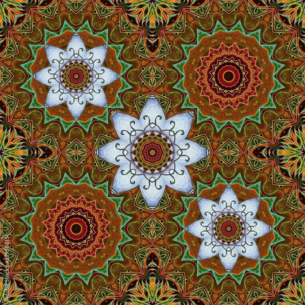Fabulously beautiful hand-drawn lotus flowers on a complex ornamental background with mandalas in emerald and terracotta tones. Home textiles, fabric print, carpet, upholstery.