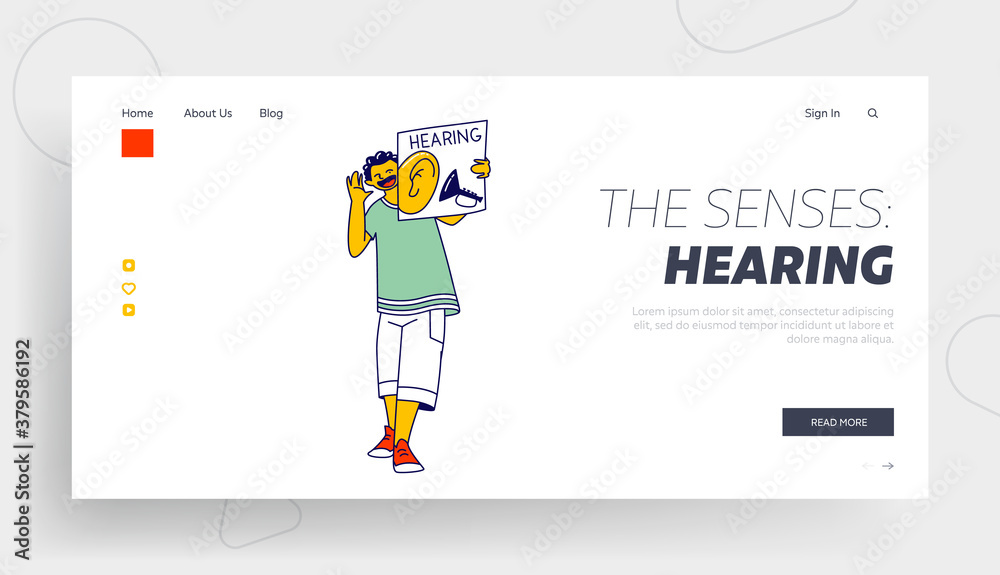 Happy Boy Child Character Holding Card with Ear Landing Page Template. Hearing One of Five Human Perceptions. Kids Game Happy Boy Child Character Holding Card with Ear Landing Page Template. Hearing One of Five Human Perceptions. Kids Game
