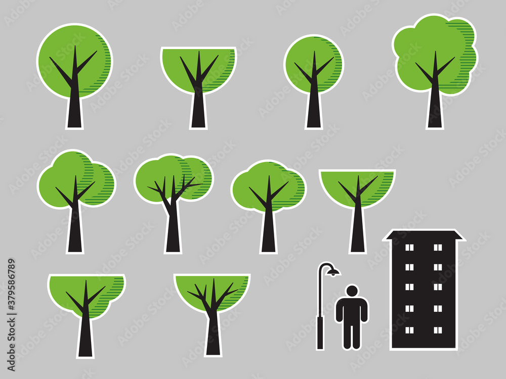 Set of icons of city trees. Vector stylized drawings. Different trees, a man and a dwelling house