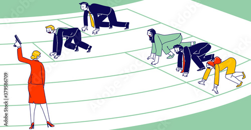 Unfair Business Competition Concept. Businessmen and Women Characters Stand in Low Start Posture Prepare to Run