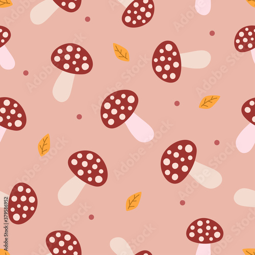 Flat brown mushrooms, calm dots and orange leaves on light pink background. Seamless autumn doodle pattern. Suitable for wrapping, textile.