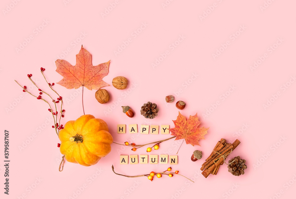 pumpkin, maple leaves, cones, nuts, cinnamon on pink background. Thanksgiving, Halloween Festive concept. flat lay. copy space - obrazy, fototapety, plakaty 