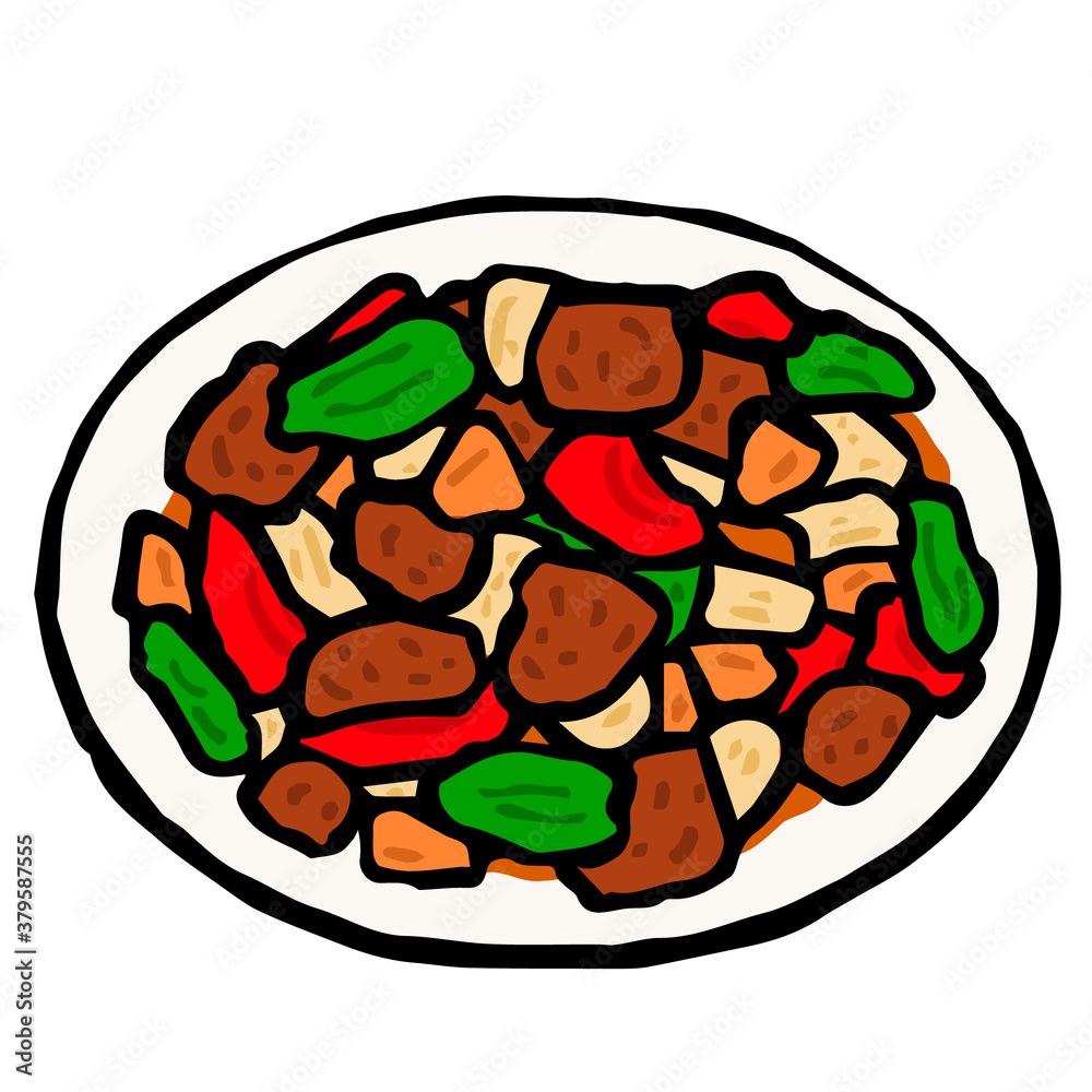 Illustration of Sweet and sour pork(Subuta): Illustration like woodblock print Illustration of Sweet and sour pork(Subuta): Illustration like woodblock print