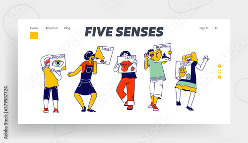 Five Senses of Human Perception Landing Page Template. Kids Hold Cards Vision, Smell, Taste, Hearing and Touch Feelings
