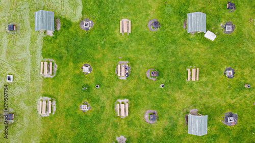 Aerial view of park benches and tables from Noua Lake park in Brasov Romania