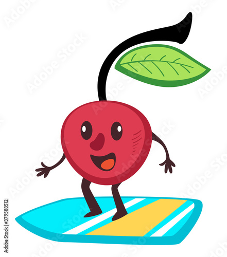 Sportive cherry berry surfing on board, summer sports