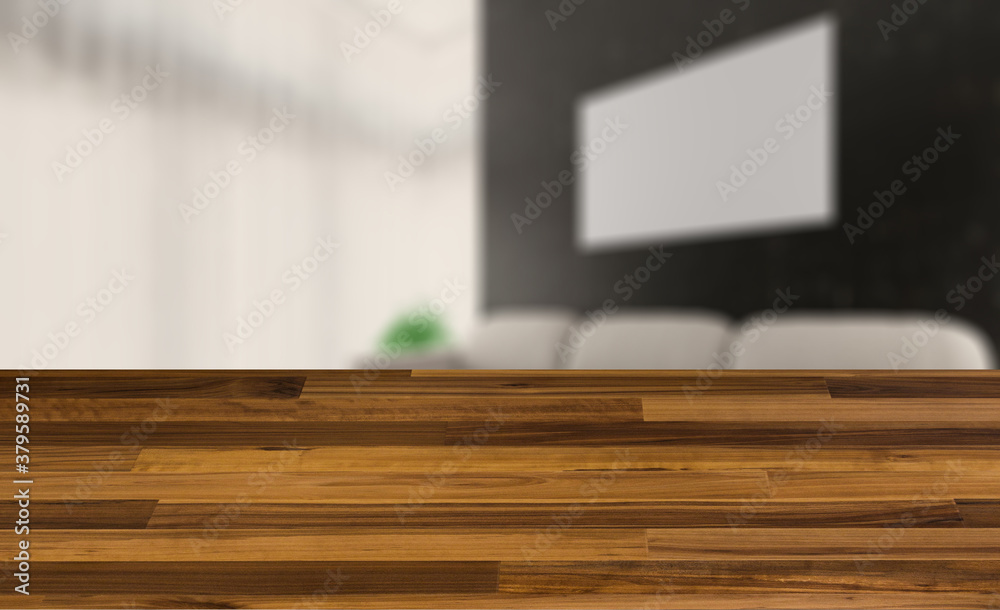 blurred interior on a wooden table background.living room. white leather sofa. big windows. walls made of wood panels. Empty paintings. 3D rendering blurred interior on a wooden table background.living room. white leather sofa. big windows. walls made of wood panels. Empty paintings. 3D rendering