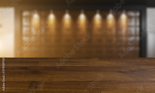 blurred interior on a wooden table background.Waiting room. business center in the city center. Lift. Reception. 3D rendering.. Sunset
