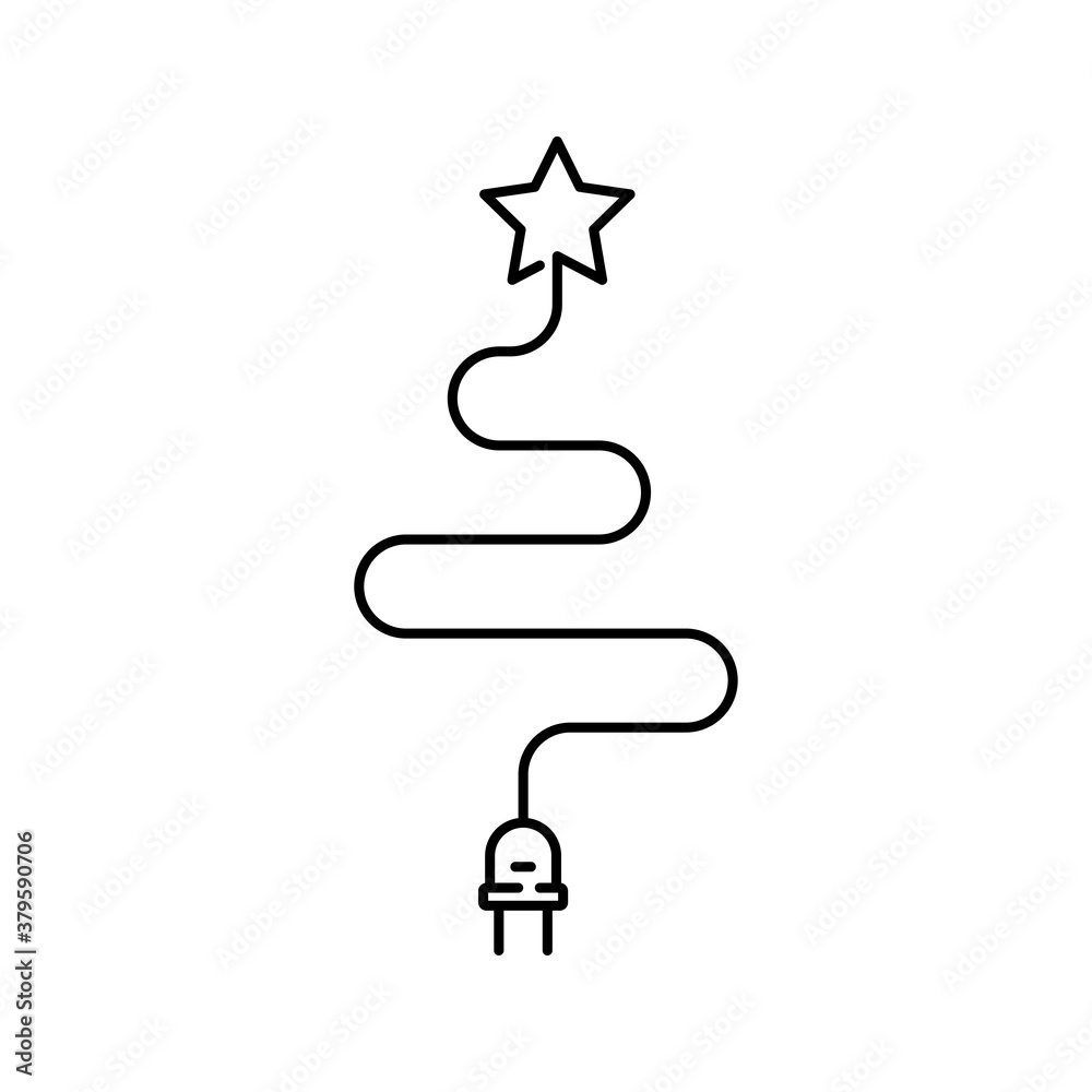 Árbol de navidad. Energía eléctrica. Logotipo lineal enchufe eléctrico con cable como árbol de navidad con estrella en color negro