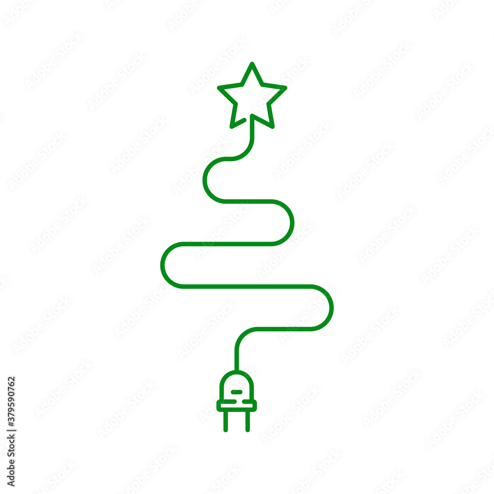 Árbol de navidad. Energía eléctrica. Logotipo lineal enchufe eléctrico con cable como árbol de navidad con estrella en color verde