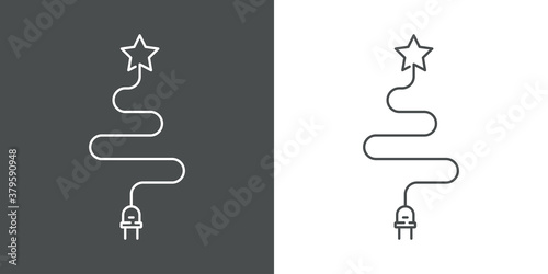 Árbol de navidad. Energía eléctrica. Logotipo lineal enchufe eléctrico con cable como árbol de navidad con estrella en fondo gris y fondo blanco