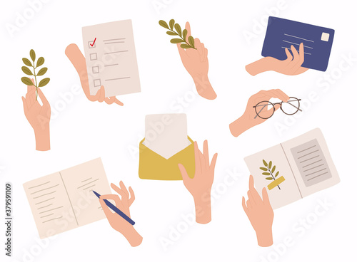 Hands holding envelope and paper sheet. Correspondence through postal service.