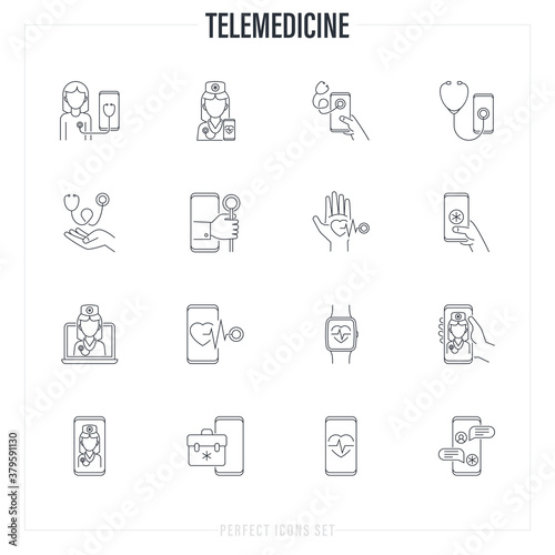 Telemedicine thin line icons set. Online consultation, non-contact diagnostics, medical mobile app, medical support, ask doctor, video call with therapist. Vector illustration.