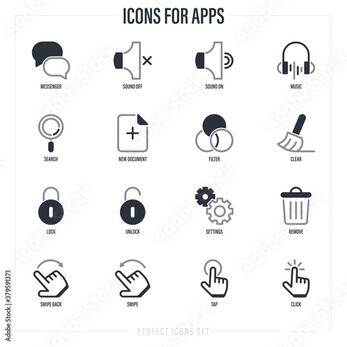 Thin line icons set for mobile app. Messenger, sound off, sound on, music, lock, unlock, settings, remove, swipe, click, tap, search, add new document. Vector illustration.