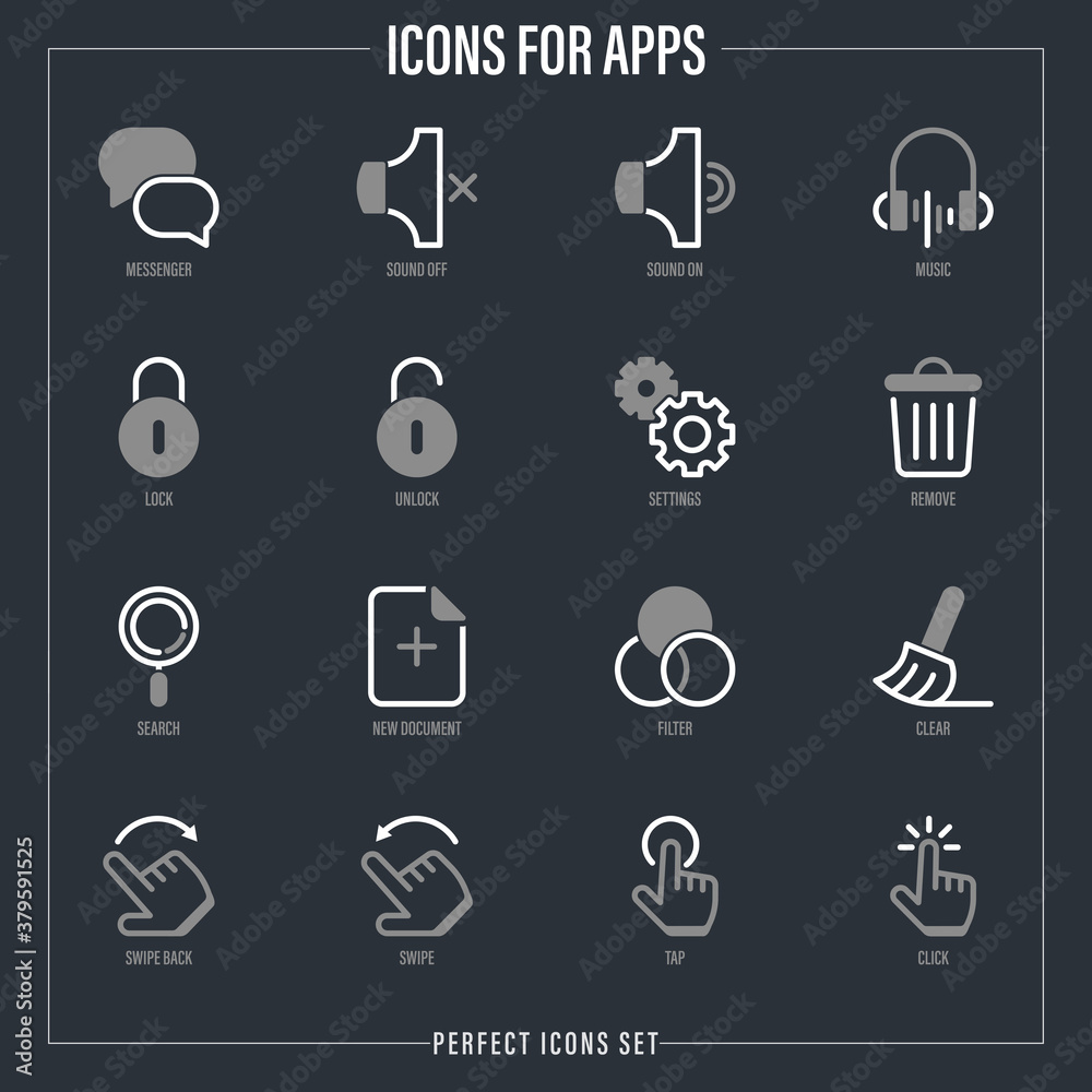 Thin line icons set for mobile app. Messenger, sound off, sound on, music, lock, unlock, settings, remove, swipe, click, tap, search, add new document. Vector illustration. Thin line icons set for mobile app. Messenger, sound off, sound on, music, lock, unlock, settings, remove, swipe, click, tap, search, add new document. Vector illustration.
