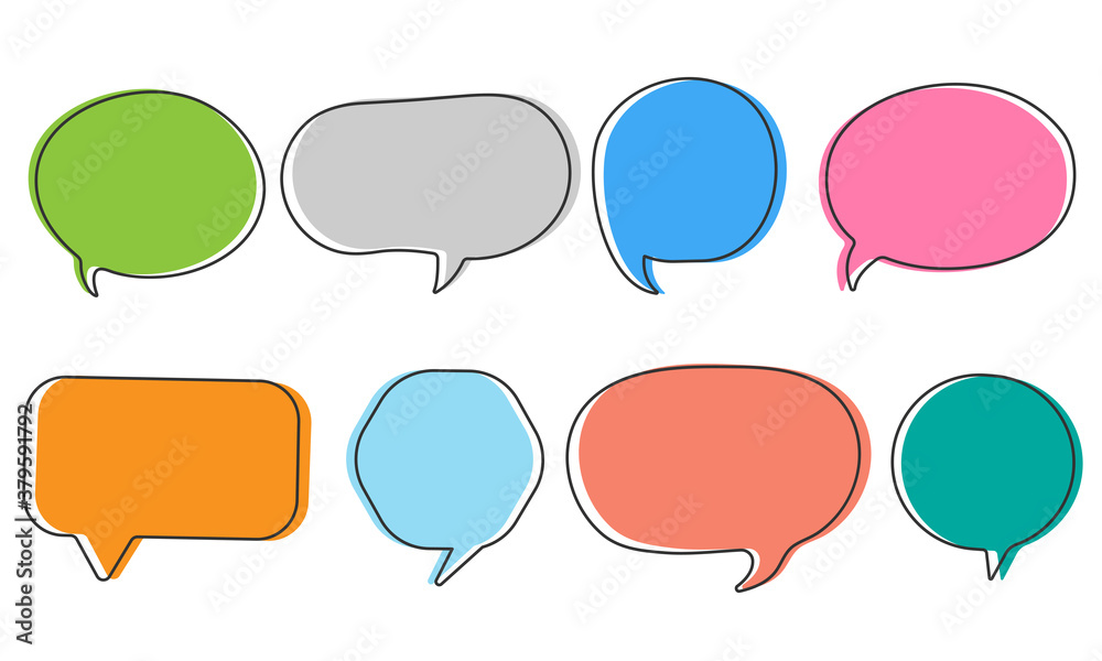 Set of speak bubble text, chatting box, message box outline cartoon vector illustration design. Balloon color note doodle style of thinking sign symbol. Set of speak bubble text, chatting box, message box outline cartoon vector illustration design. Balloon color note doodle style of thinking sign symbol.