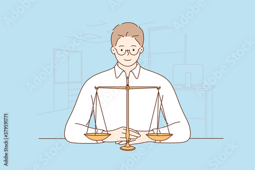 Law, justice, notary, work concept. Young happy smiling man guy clerk manager lawyer attorney judge sitting near scale demonstrating guilty weight. Court authority and judicial system illustration.