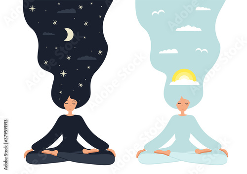 Day and night. Girl in yoga lotus practices meditation. Vector illustration in flat style. Young woman meditating