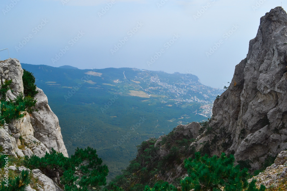 Aerial view of stone rock, cliff Ai-Petri in Crimea, Russia. Highest mountain and tourist attraction. Hanging bridge on Ai-Petri over the abyss with green trees, forest