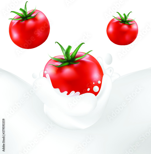 Splash Tomatoes on white fresh milk  for background or ads