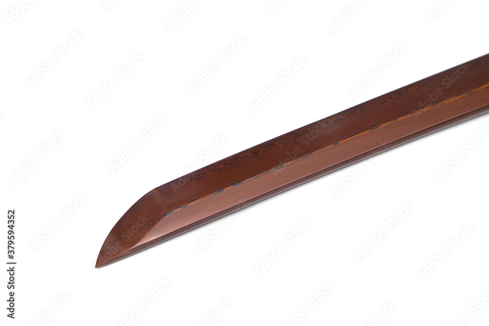 Obraz premium Tip of red folded steel blade of Japanese sword (Chinese made) isolated in white background.