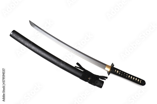 Принти на полотні Japanese sword steel fitting and black  cord with black scabbard isolated in white background