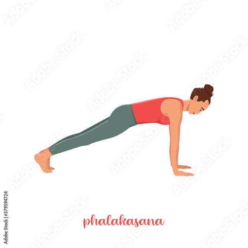 Woman in a plank pose (Phalakasana) flat illustration. Isolated on white background