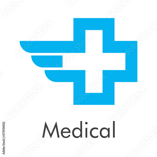 Concepto asistencia sanitaria. Emergencia. Logotipo con texto Medical con cruz lineal con un ala en color azul