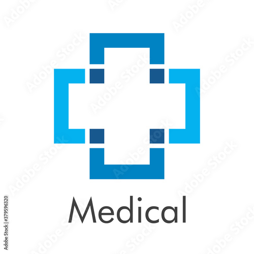 Concepto asistencia sanitaria. Logotipo lineal con texto Medical con cruz con contorno lineal en color azul