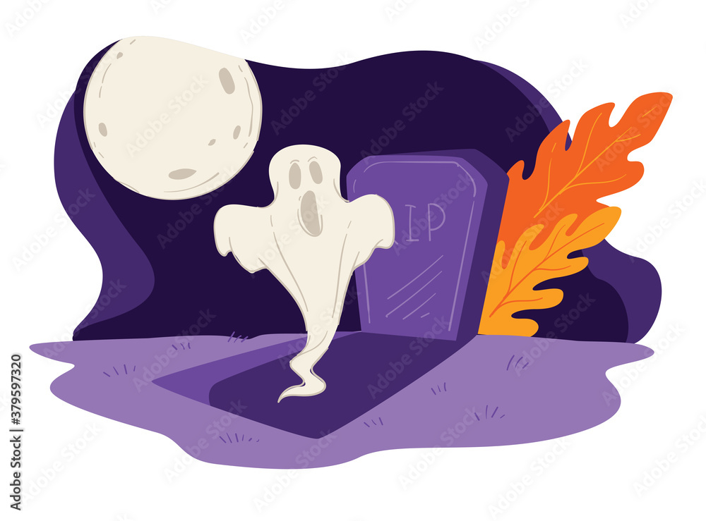 Obraz premium Ghost raising from grave in full moon, halloween mysteries