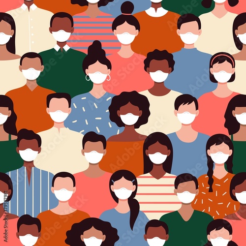 Seamless pattern with people in protective masks. Protest during the pandemic, Black lives matter, African Americans and white people against racism. Vector flat illustration. 