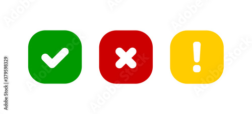 Check cross and exclamation mark  set vector icon. Red green and yellow isolated square, illustration in flat