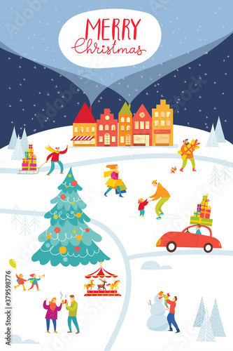 Christmas Market poster with city and people doing winter activities.