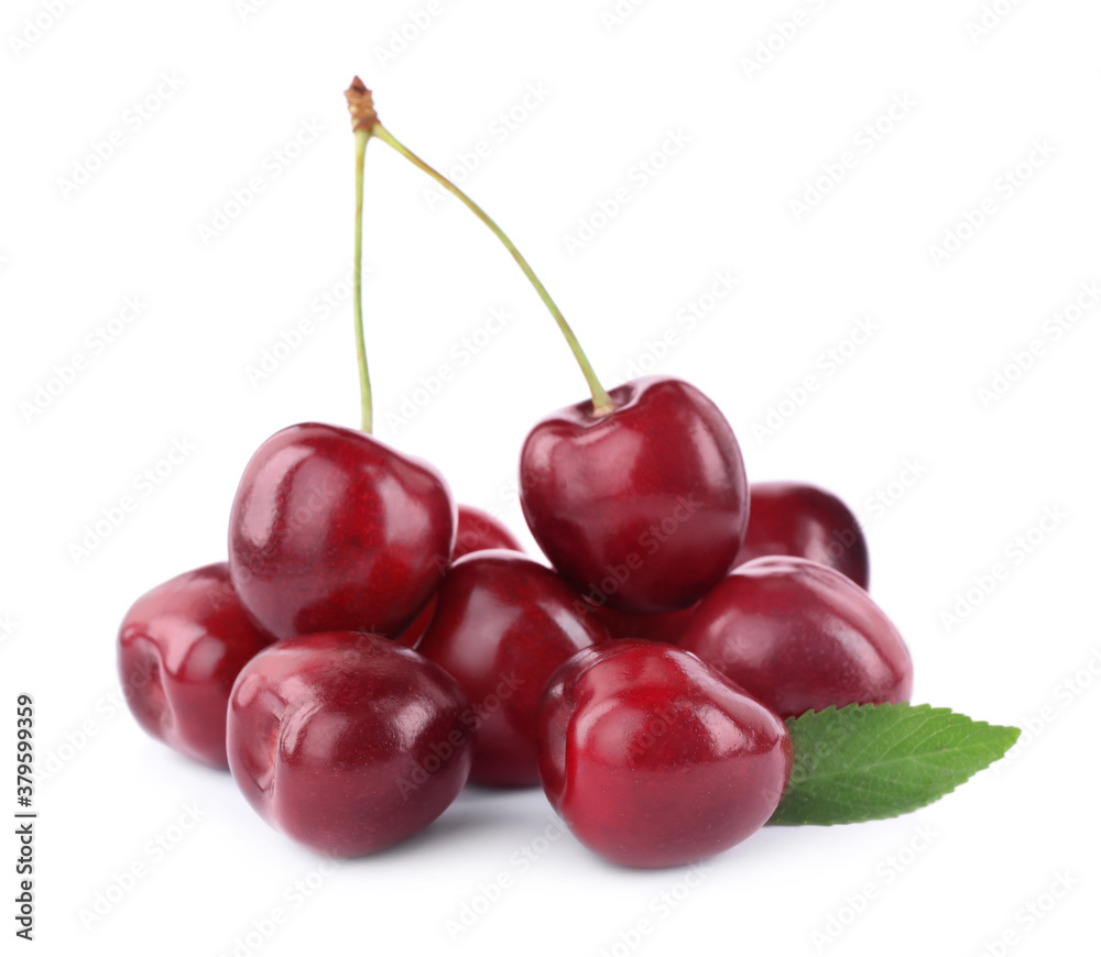 Tasty ripe red cherries with green leaf isolated on white Tasty ripe red cherries with green leaf isolated on white