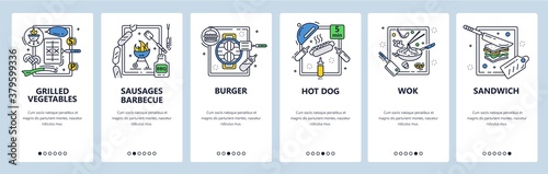 Virtual cooking food classes. Mobile app onboarding screens, vector website banner template.